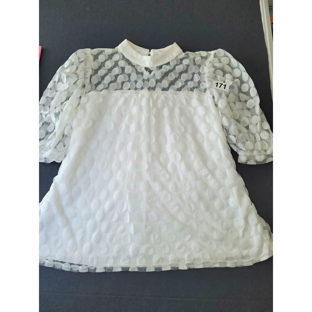 Luna Chrae Womens XL White Polka Dot Mesh Sheer 3/4 Sleeve Button Blouse